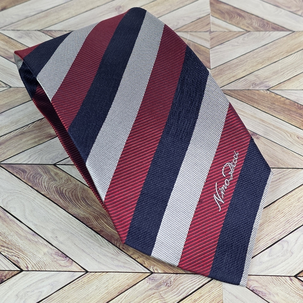 Nina Ricci Handmade Paris Soft Silk Tie Red Blue Gray Stripes Men's Neckties